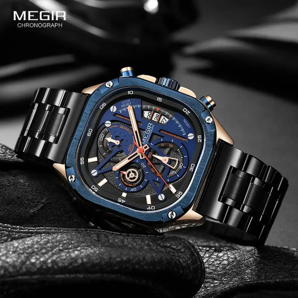 MEGIR Edelstahl-Quarzuhr für Herren, quadratisches Zifferblatt, Chronograph, wasserdichte Armbanduhr mit leuchtenden Zeigern, Datum, Canvas-Armband, Blau