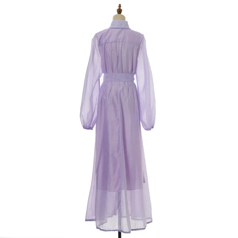 Street Series Long Dr mit Strassbesatz, Ogees, Patchwork-Spitze, hohe Taille, Gürtel, Farbe, lässiger Oulder-Winkel