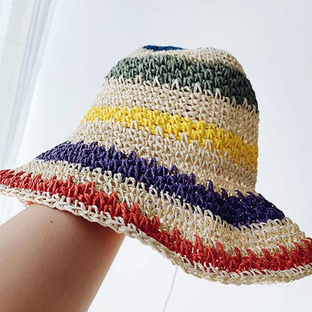 New Popular Summer Beach Bucket Hat Cap For Women Crochet Straw Rainbow Spring Fish Hat Outdoor Female Lady Gift Wholesales