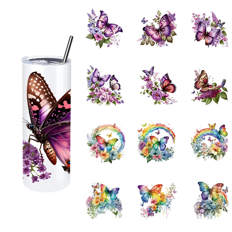 

LETOP 1 шт. фиолетовые цветы и бабочки Uvdtf обертки 20 унций 3d переводные наклейки радужные бабочки УФ Dtf переводки