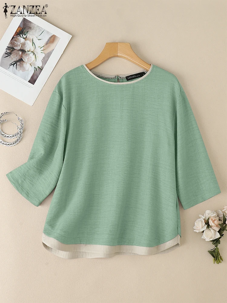 

ZANZEA Women O Neck 3/4 Sleeve Blouses Summer Elegant Work OL Shirt Casual Loose Blusas Patchwork Tunic Tops Female Chemise