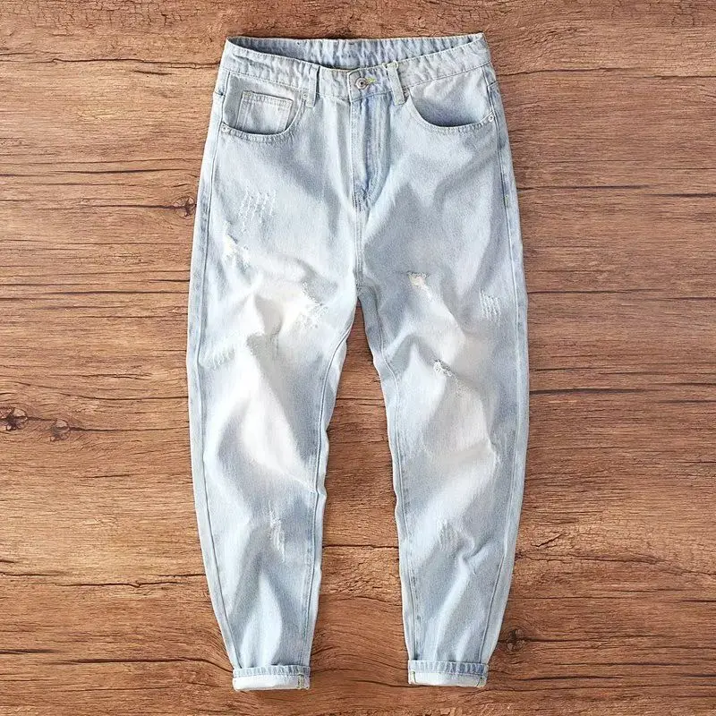 New Vintage Japanese Style Loose Slim Casual Pencil Pants Men Jeans Spring Autumn New Trend Lightweight Washed Cropped Trousers
