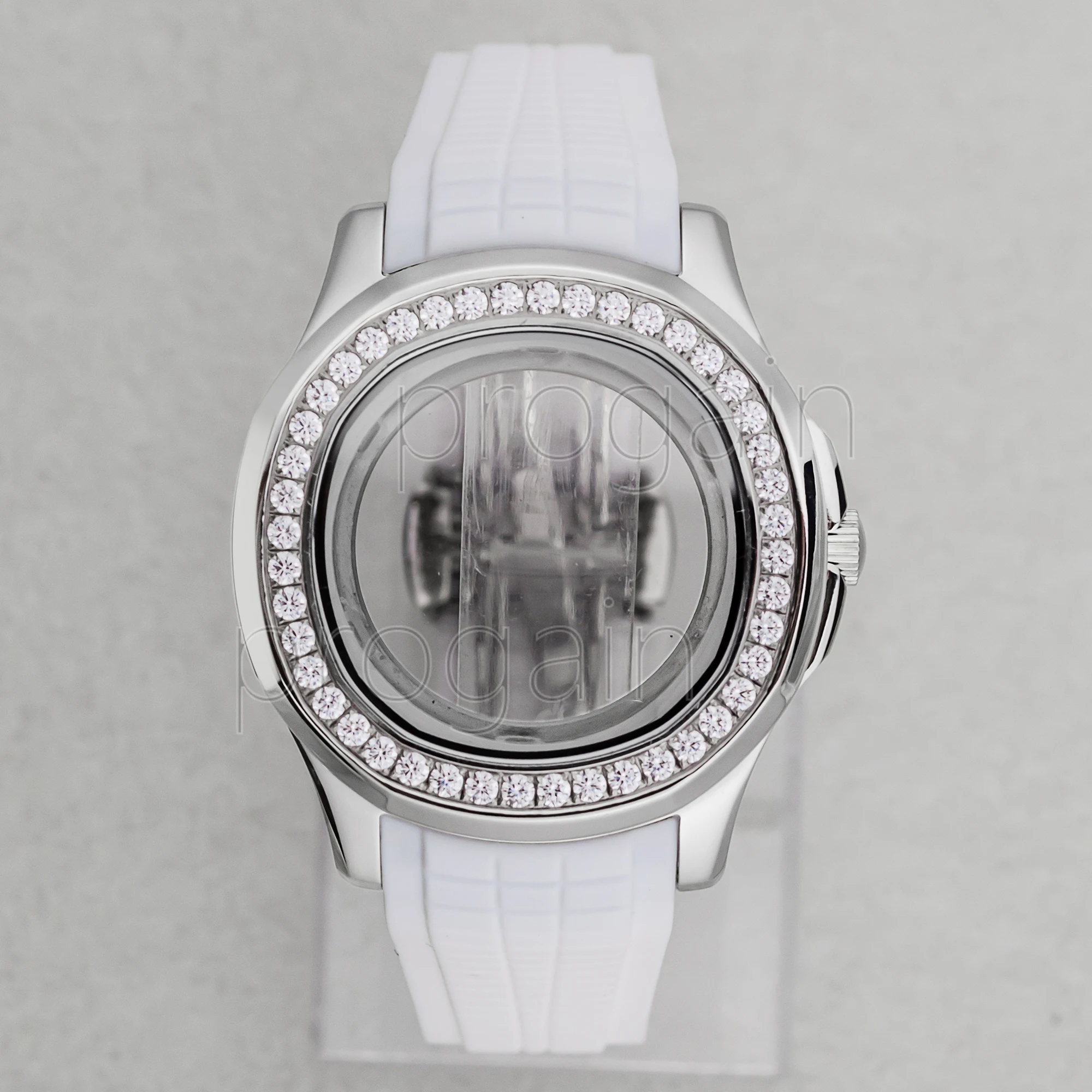 

Diamonds Watchcase NH35 Case White Rubber Strap Sapphire Glass Stainless Steel Case for Nautilus AQUANAUT NH35 Movement Parts