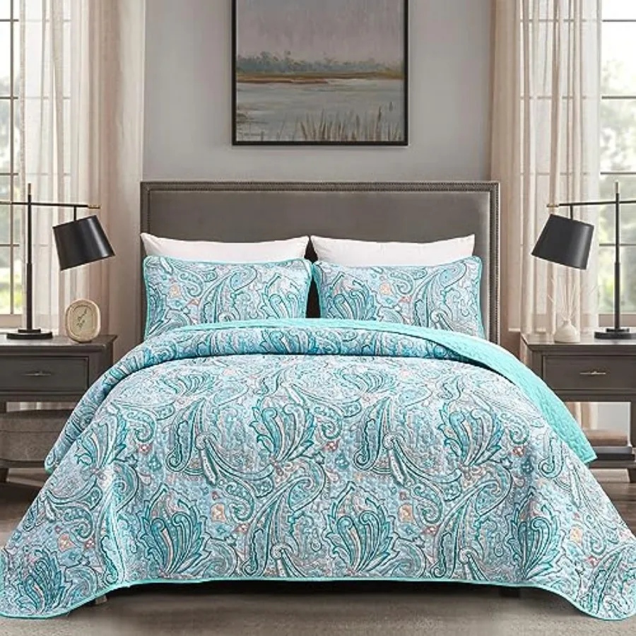 

Paisley Quilt Set Size Boho Bedspread Coverlet Set 3 Pieces Soft Lightweight Microfiber Light Paisley Floral Pattern Bedding fo