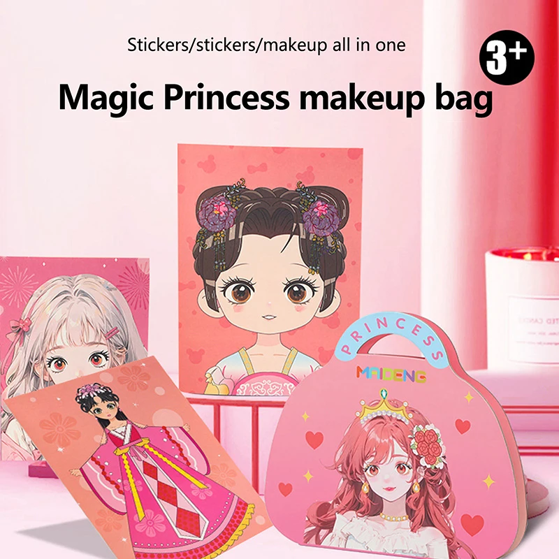 1 Set Princess Makeup Bag Kit With Princess Dress Up Sticker Book DIY Paper Art Craft Birthday Gifts For Girl