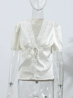Chic Lace Women 's Shirts Elegant V-neck Tie Up Single Breasted Tops Female 2025 Summer Autumn Fashion Lady High Street Blouse - Image 6