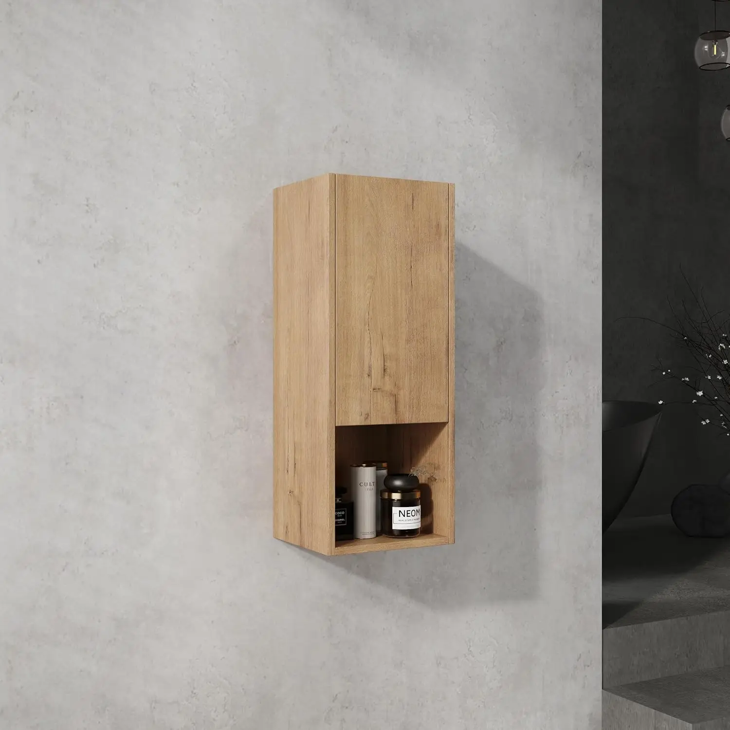 Wall Mounted Bathroom Side Cabinet, Plywood Floating Storage with Soft Close Reversible Door, 12 Inch Oak Finish, Customized