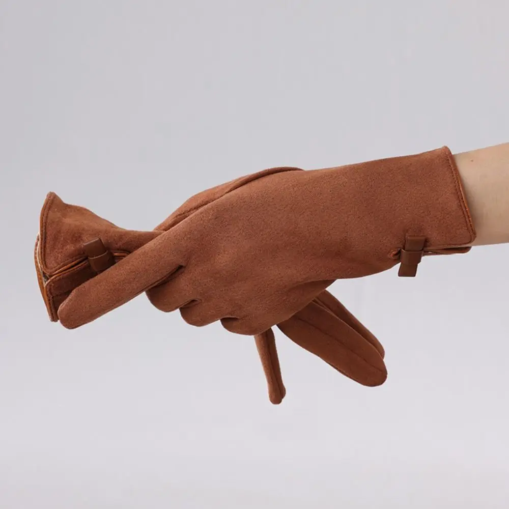 All-Match Velvet Winter Bow Suede Gloves Soft Bownot Pu Leather Gloves Korean Style Waterproof Women Cycling Mittens Autumn