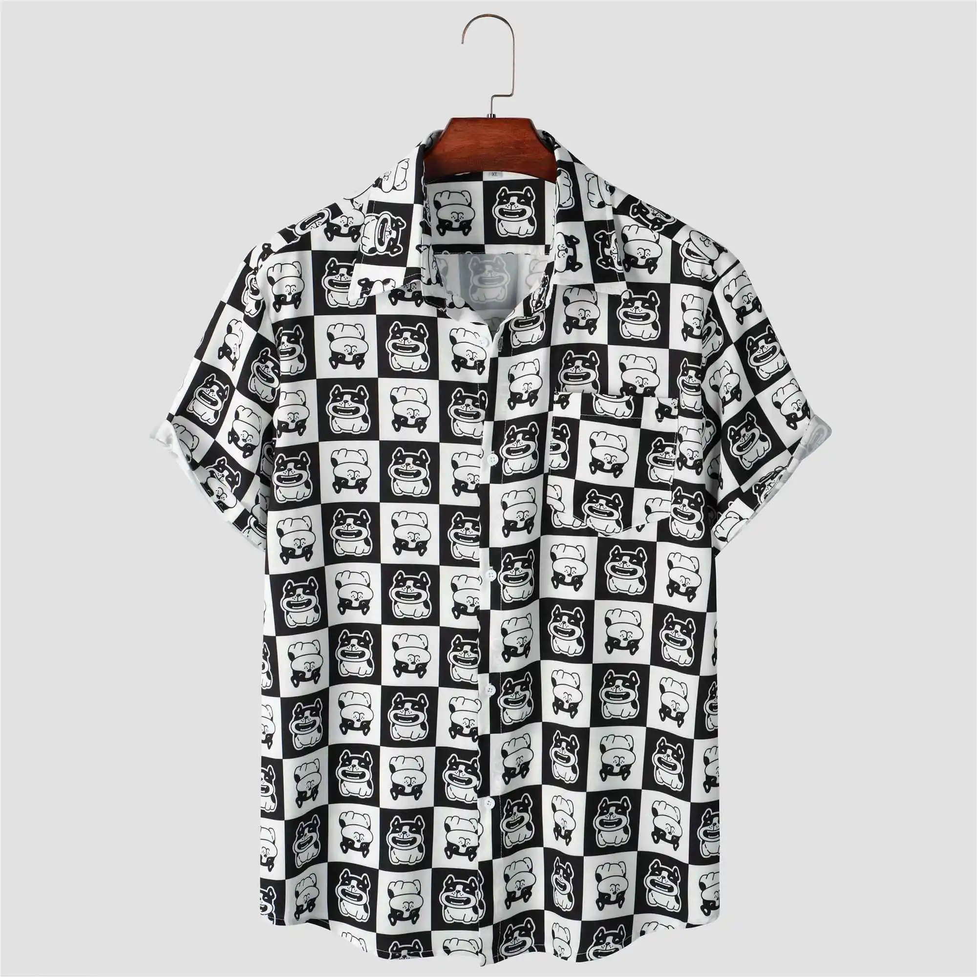 2024 Cartoon Puppy And Checkered Pattern Men\'s Short Sleeve Button Down Shirt With Chest Pocket, Summer Outdoor Street