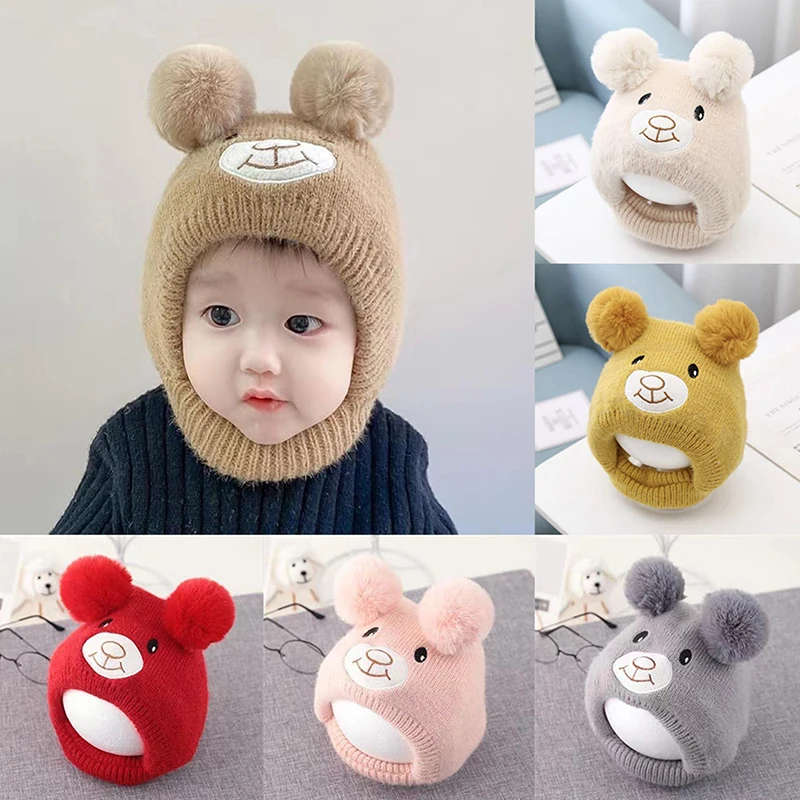 Cute Bear Beanie Cap For Baby Cartoon Warm Knitted Hat Autumn Winter Toddler Ear Protection Caps