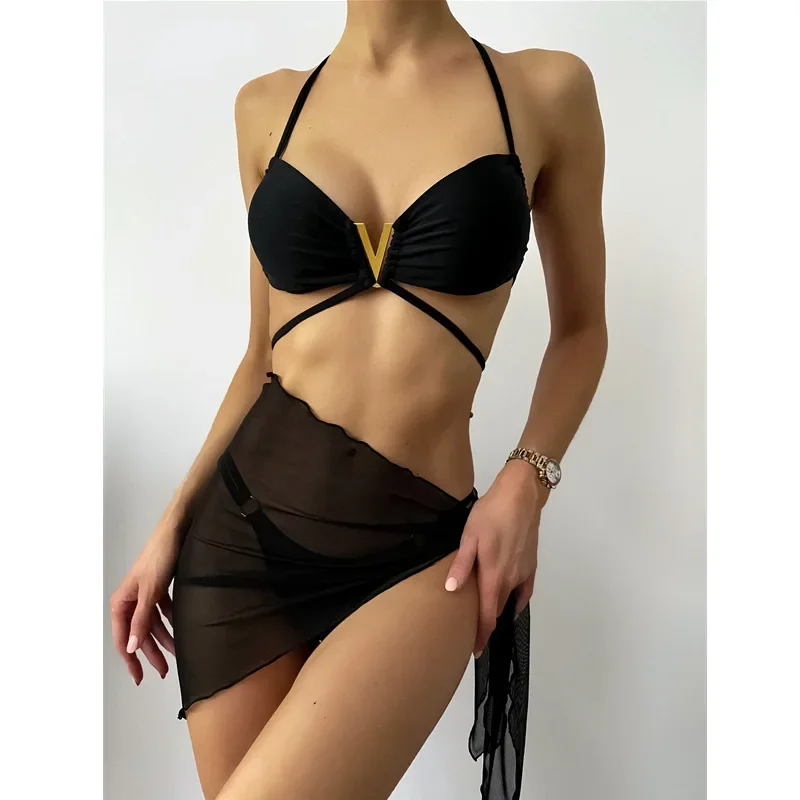 2026 New V-Neck Solid Color Strap Sexy Three-Piece Bikini Swimsuit