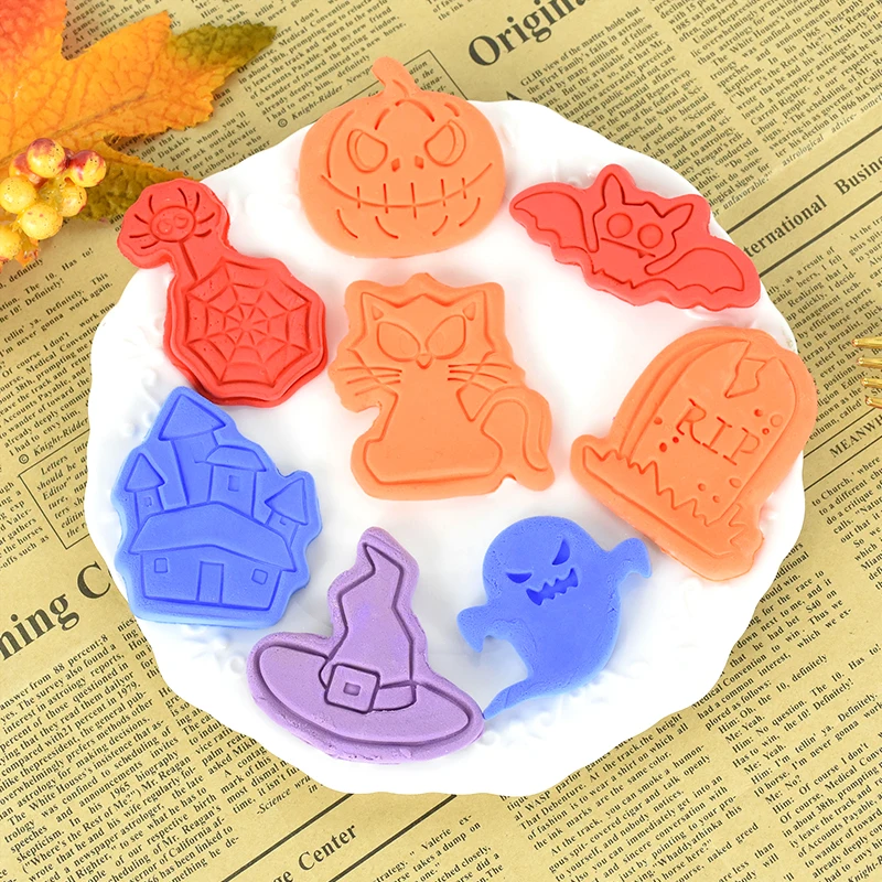 3D Plastic Cookie Cutter Witch Hat Pumpkin Stamps Halloween Ghost Bat Pressable Biscuit Mold Kitchen Baking Pastry Bakeware Tool