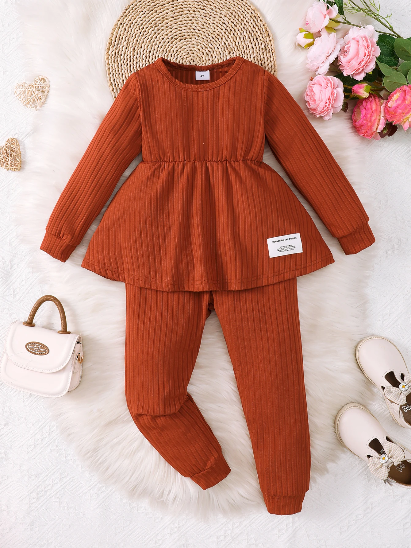 2PCS Kids Girl Clothing Set Solid Pit strip knitt Long Sleeve Suit Autumn&Winter Elegant Europe&America Children Outfit 4-7Years