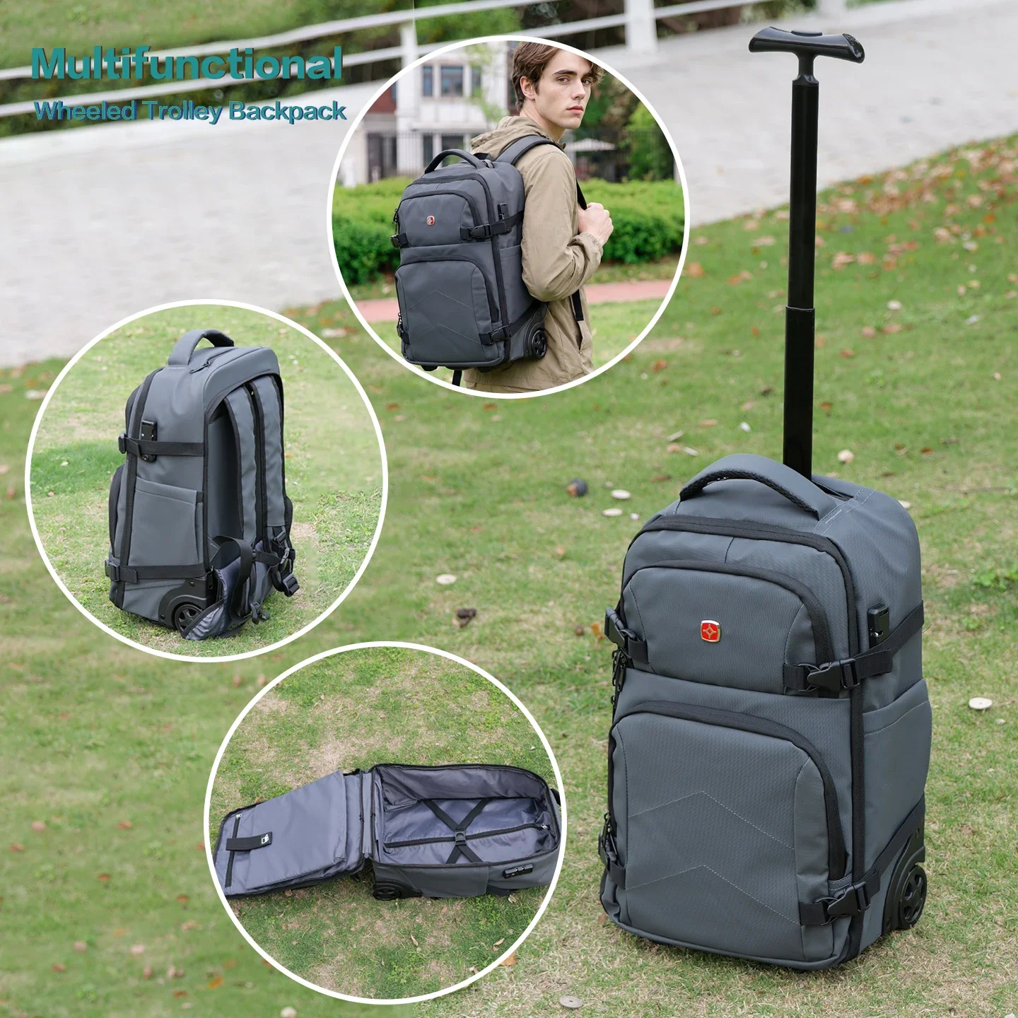 

Large Rolling Backpack with Telescopic Handle Wheels Anti Theft Lock 16 Inch Laptop Sleeve Business Travel Carry on Trolley Bag