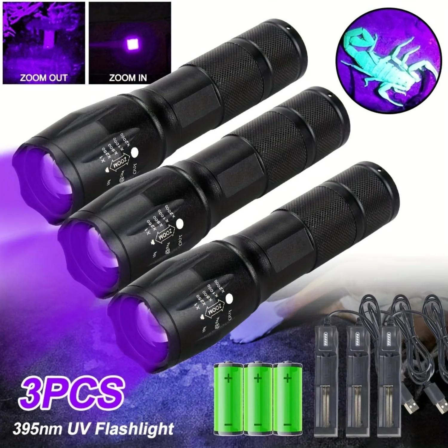 

3PCS Powerful Zoomable Rechargeable Black Light 395nm UV Flashlight Set for Resin Curing, Scorpion Hunting, and Pet Urine Stain
