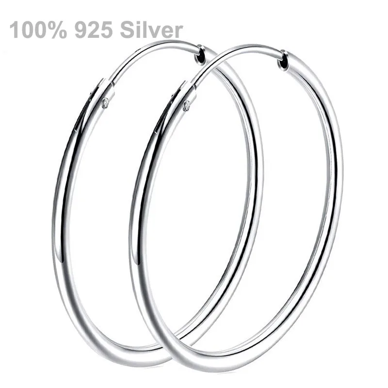 Genuine 925 Sterling Silver Circle Hoop Earrings 20mm/30mm/40mm/50mm/60mm High Quality Womens Wedding Jewelry Valentines Gifts