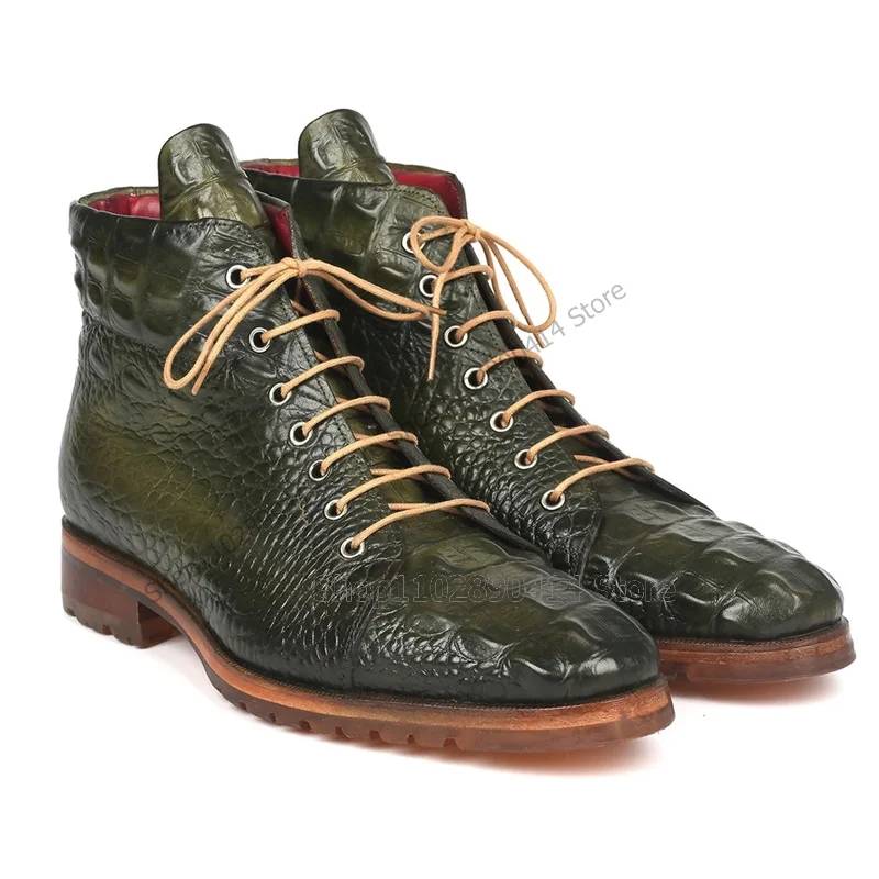 Green Crocodile Fretwork Strappy Ankle Boots Fashion Lace up Men Shoes Luxurious Handmade Party Feast Banquet Men Dress Shoes