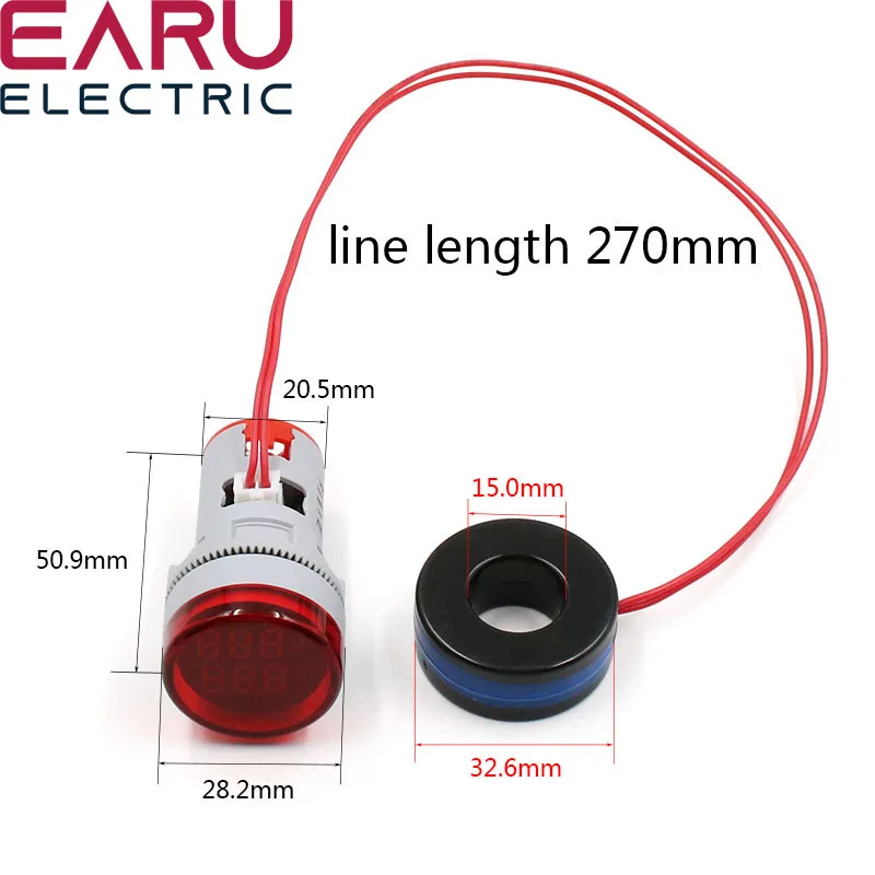 라운드 미니 디지털 전압계 전류계 22mm AC 20-500V 0-100A 앰프 볼트 전압 테스터 미터 듀얼 LED 표시기 파일럿 램프 빛