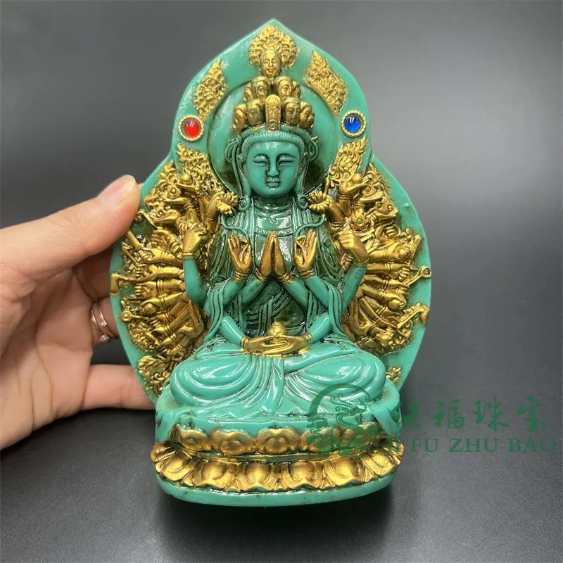 Antique Tibetan legend imitation turquoise gold inlaid Tibetan Buddha thousand hands Guanyin ornament retro handicrafts home des