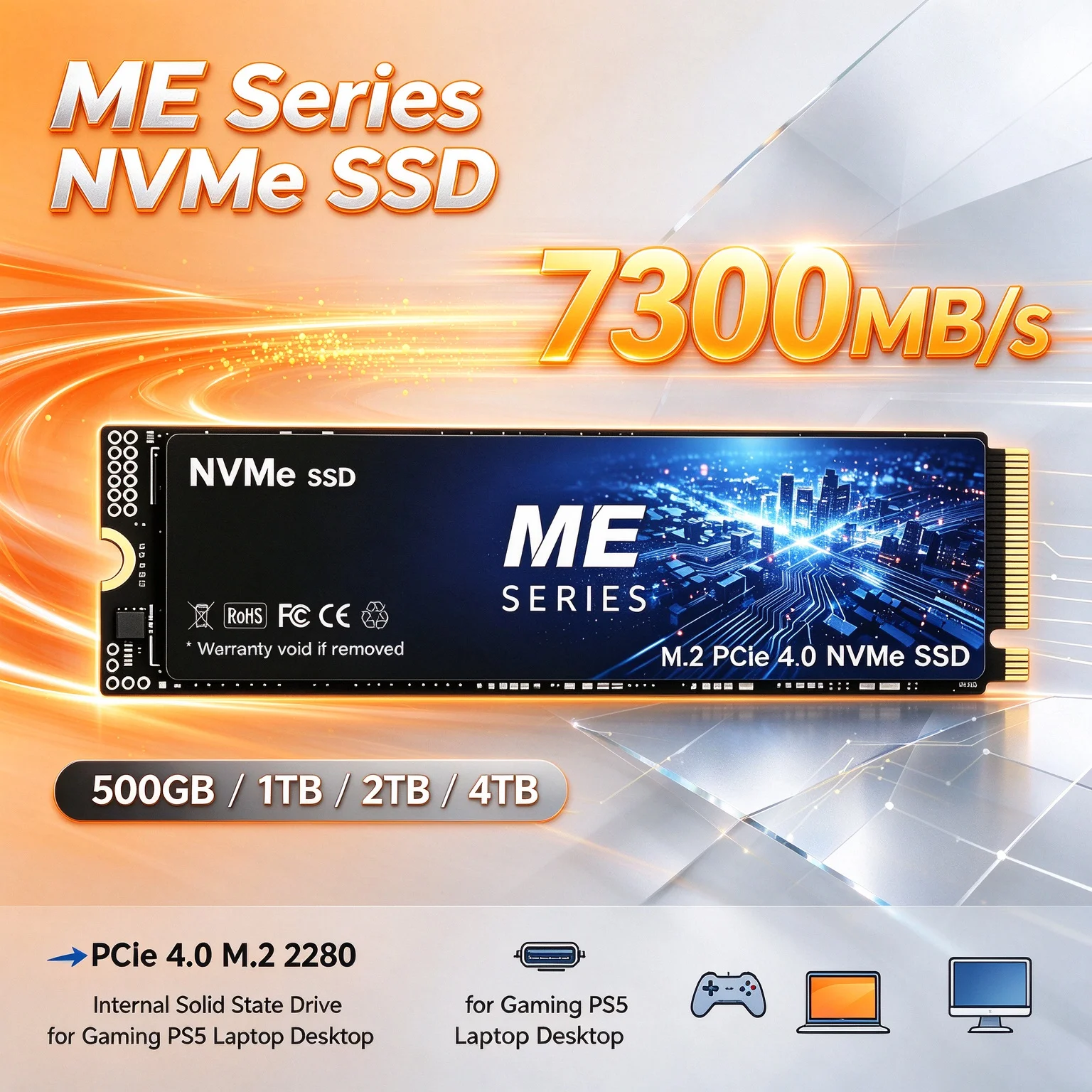ME Series PCIe 4.0 NVMe M.2 SSD for Gaming Laptop, Desktop Computer PS5 Console 1TB 2TB 4TB Capacity Upgrade 7300MB/s Read