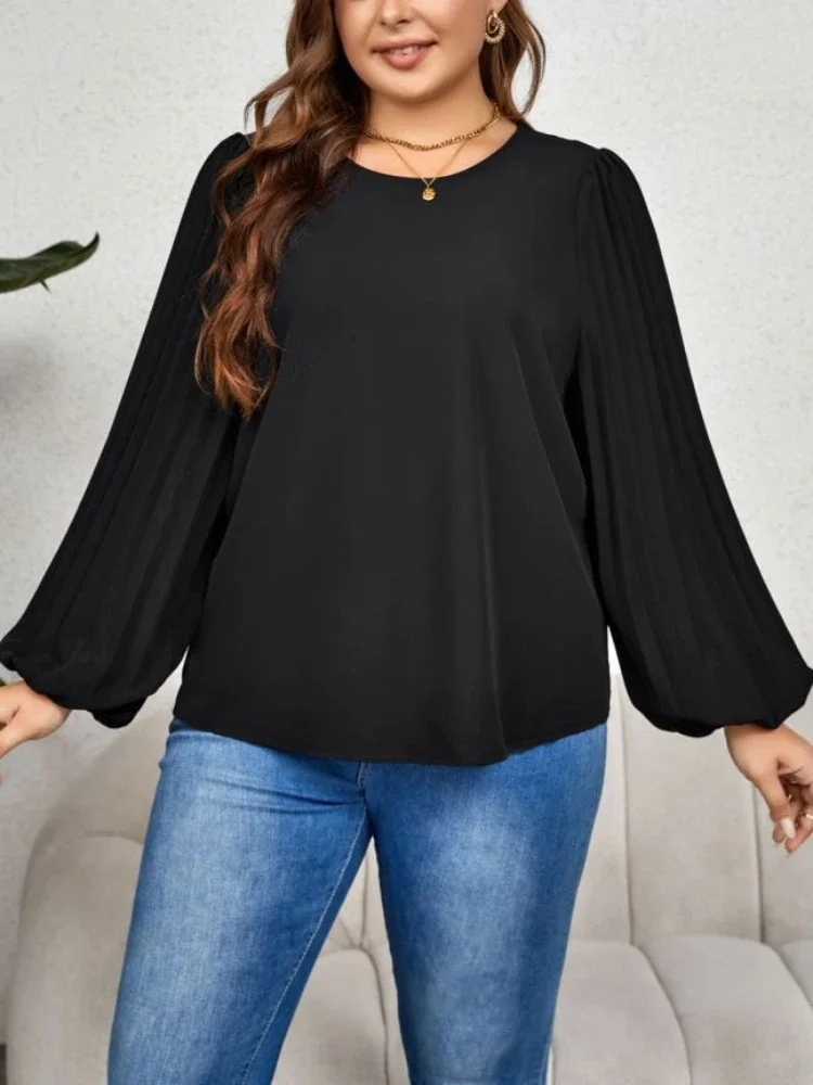 Loose Plus Size T-Shirts for Women O Neck Pleated Long Lantern Sleeves Tops Causal Graceful Simple Commute Clothing Autumn 2023