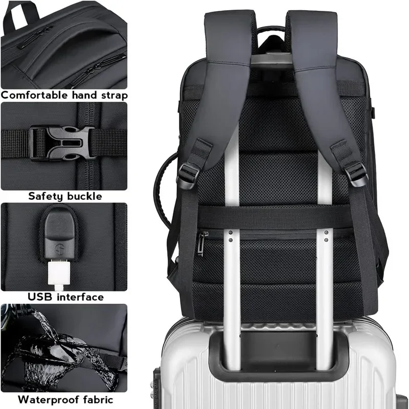 Mochila de viaje ampliable con carga USB para hombre, bolsa de mano de 17 pulgadas para ordenador portátil, impermeable, gran capacidad, 45L