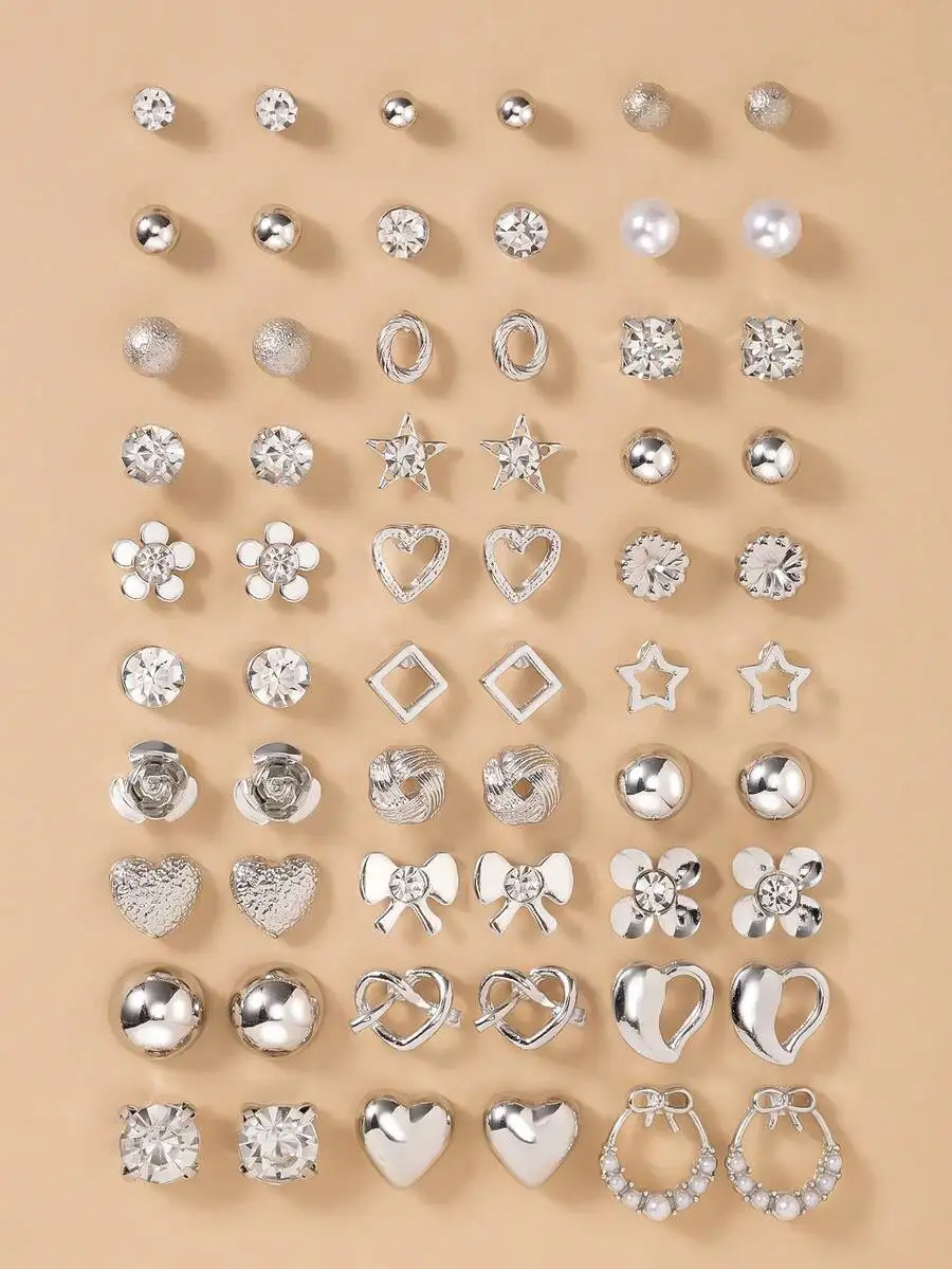 60pcs Fashion Metal Stud Earrings Set With Heart Bow Flower Rhinestone For Women Daily Wear