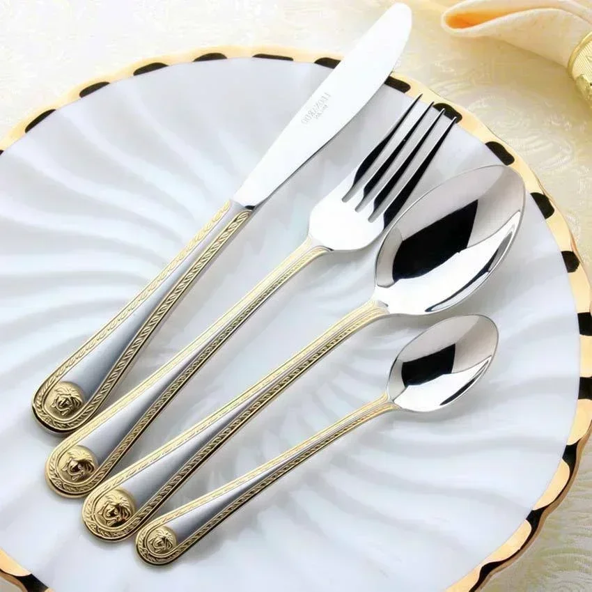 24PCS Vintage Western Gold Plated Dinnerware Dinner Fork Knife Set Golden Cutlery Set Stainless Steel Engraving Tableware