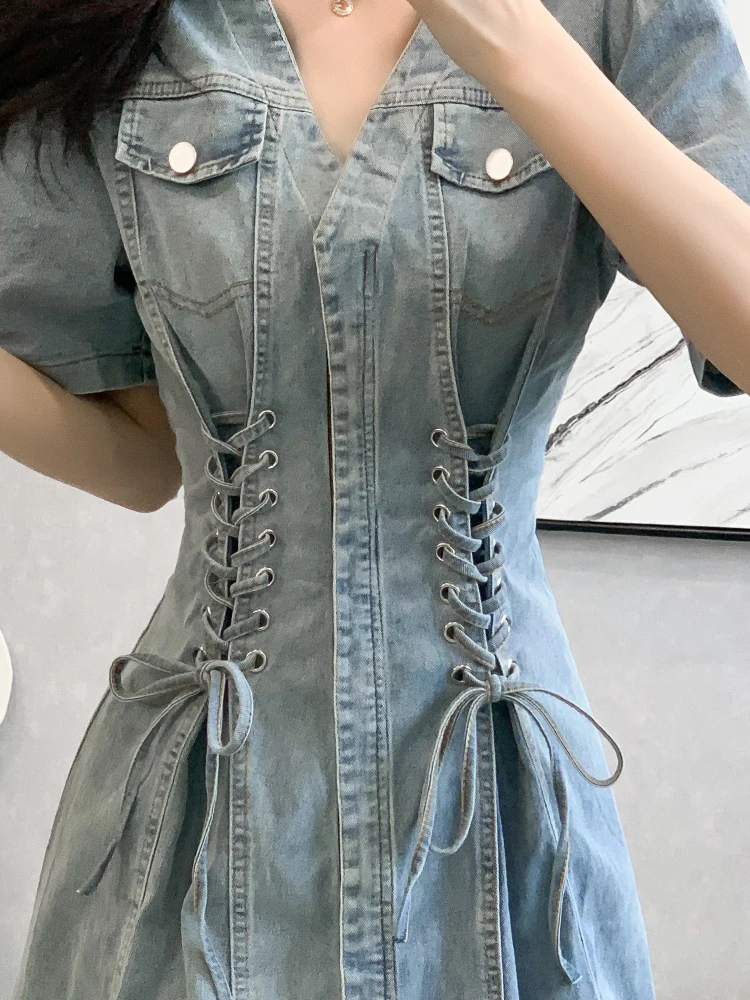 Vintage Summer Lace-Up New Short Sleeve Denim Dress Zipper-Fly Short Dresses Denim High Waist Casual A-Line Jeans Dress Street