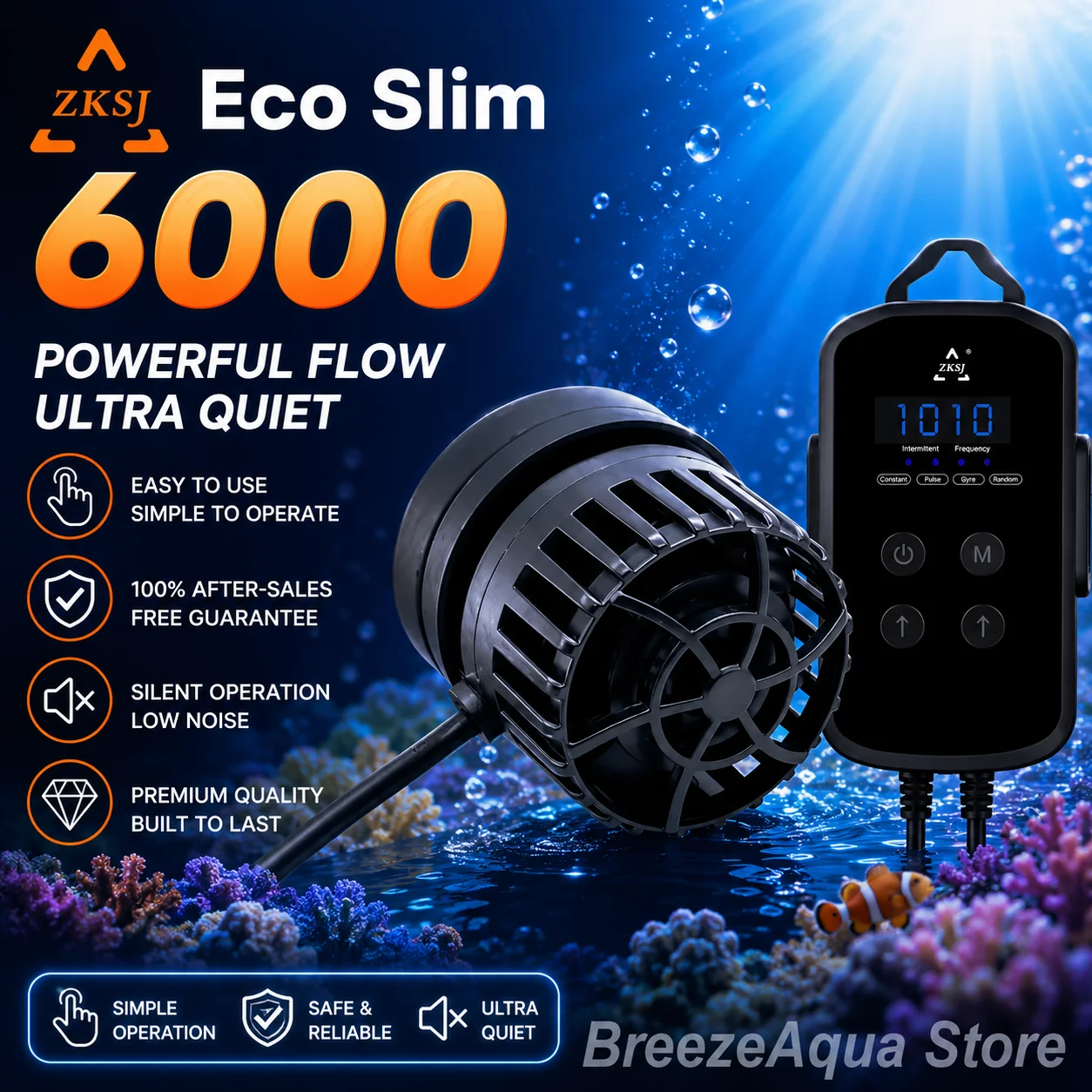 ZKSJ Eco Slim 6000 DC Mini Saltwater Fish Tank Aquarium Wavemaker Pump with Controller