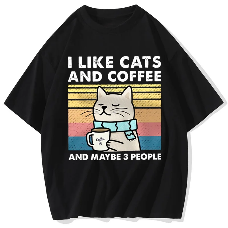 Men Women T-Shirt I Like Cats And Coffee Cotton Tee Clothes Hip Hop Loose Tshirt Fashion Crewneck T-Shirt Streetwear Couple