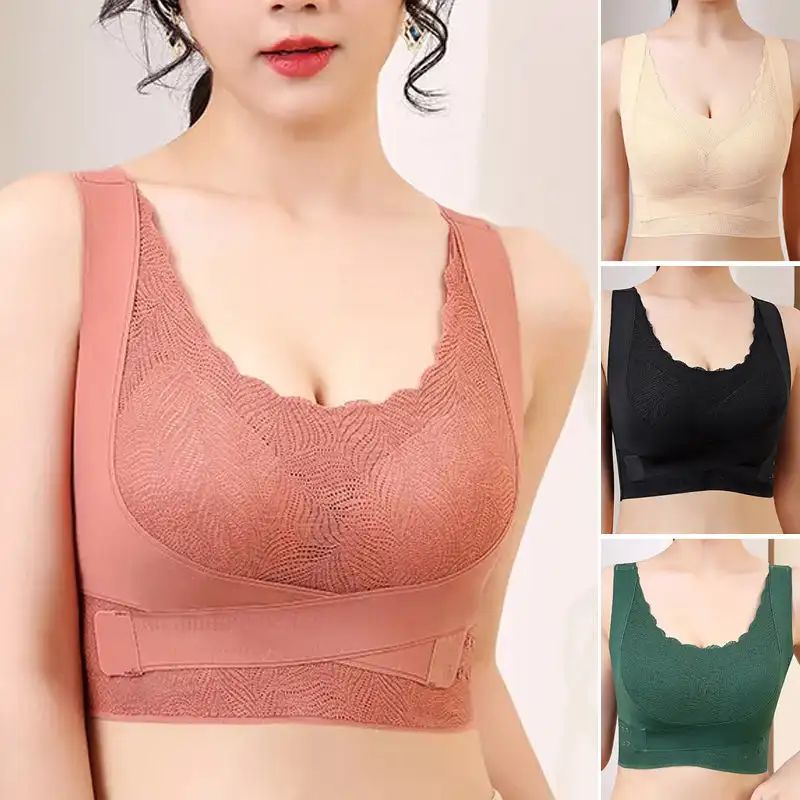 Lace Front Tank Corrective Sports Bra Non-marking Adjustable Side Cross Gathering Comfortable Soft Breathable Underwear