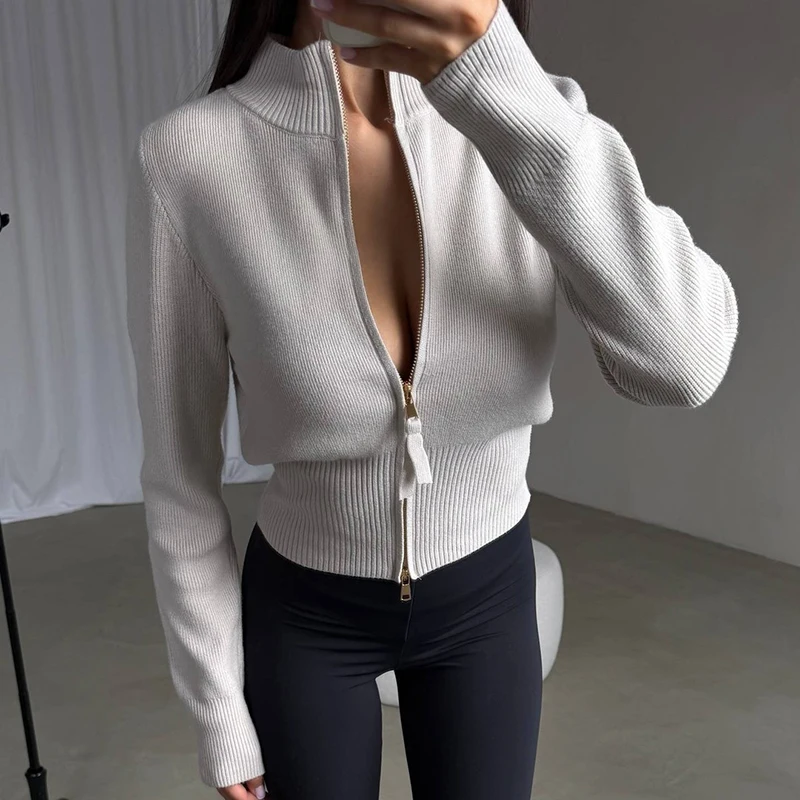 Simple Multi Color Slim Fit Autumn Sweater Casual O Neck Long Sleeved Commuting Knitted Coat Zipper Design Woman Short Sweaters