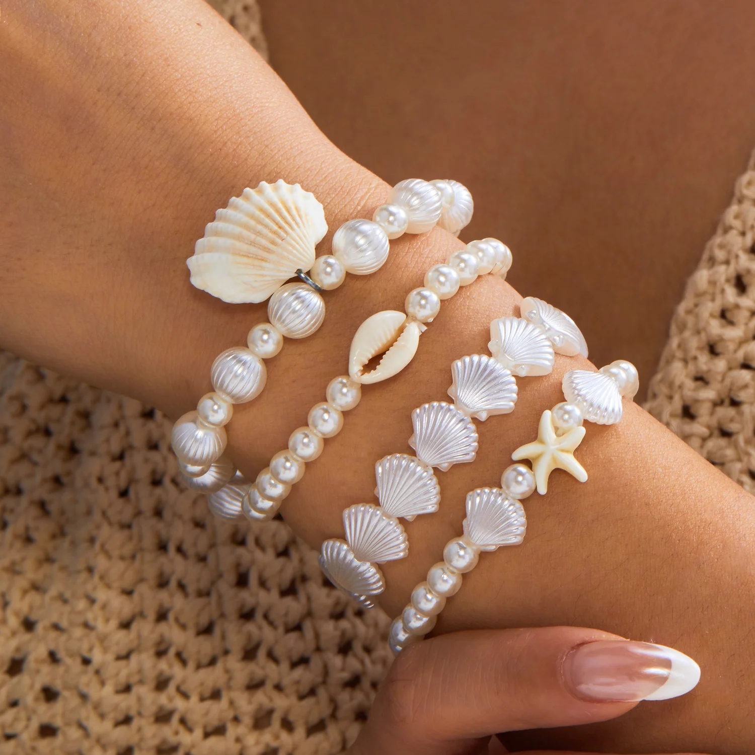 Ladies' Summer Vacation Style Starfish Shell Pearl Bracelet Set French Luxurious White Simple Holiday Celebration Gift Jewelry