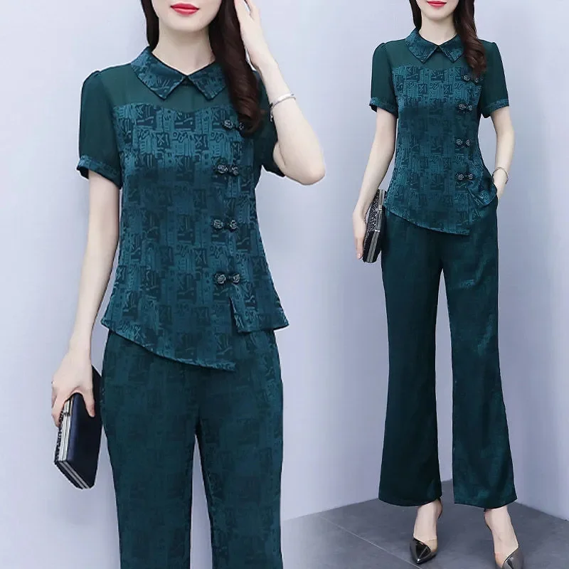 Women Net Red Fashion Wide Wife Sets 2022Summer Female Temperament Covering The Flesh Showing Thin Wide-leg Pants Two-piece Suit