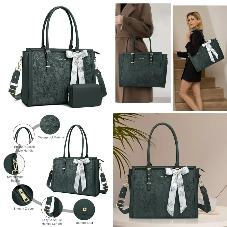 Laptop Bag for Women, 15.6- PU Leather Tote Bag Compatible with MacBook, HP, Dell, Asus Notebook, Front Embossed Retro Hibiscus