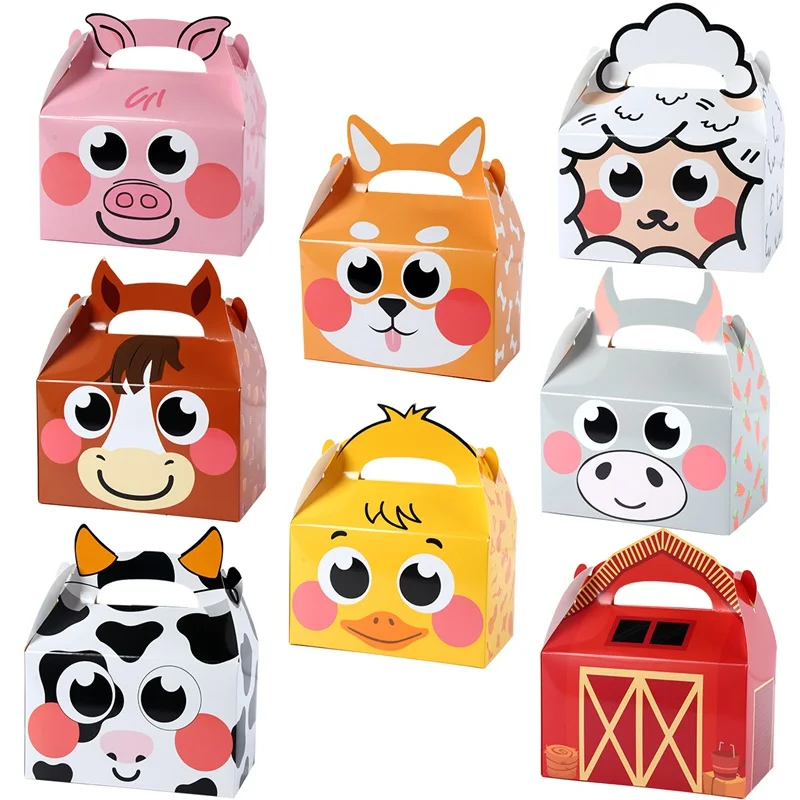 8pcs Farm Theme Paper Candy Cake Cookie Gift Box Cartoon Animal Packaging Bag With Handle Birthday Wedding Decor Party Supplies