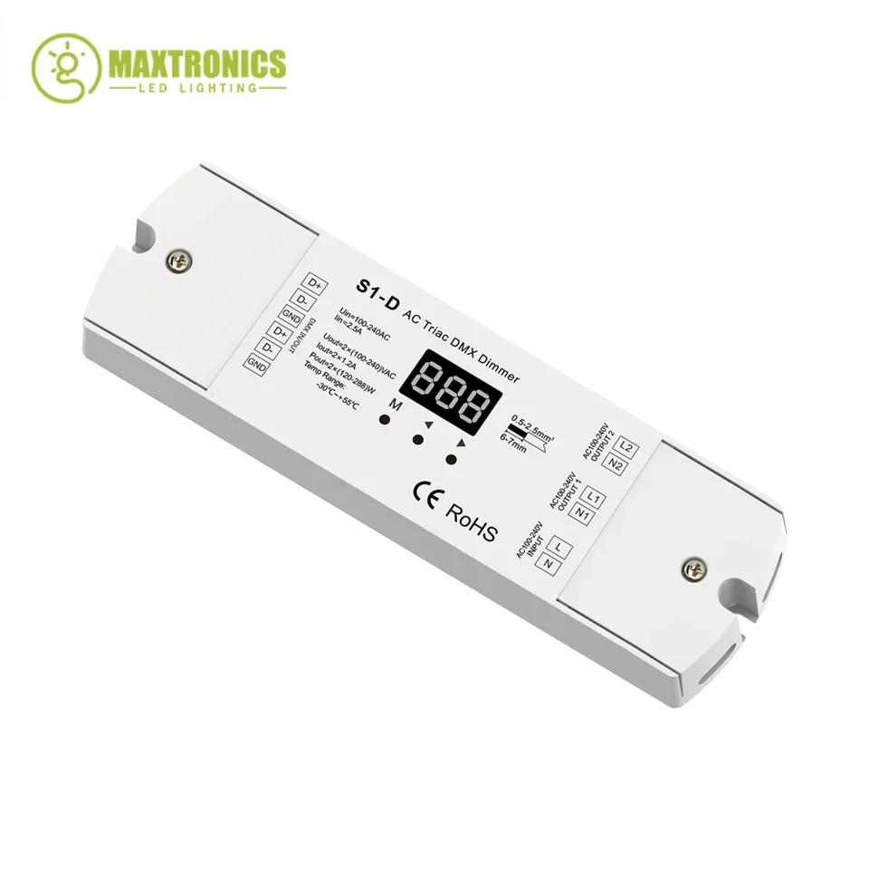 Imagem -03 - Triac Dmx Led Dimmer Canais 2ch ac 100v240v 288w Saída de Canal Duplo Silício Dmx512 Display Digital S1-d