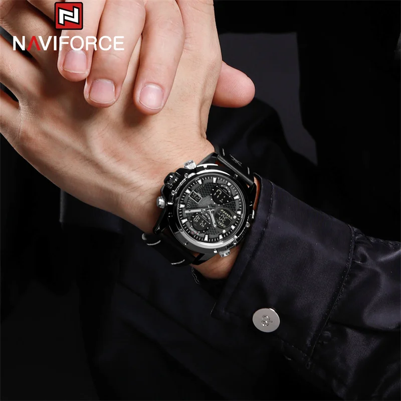 NAVIFORCE Men Sport Watch Fashion Genuine Leather Strap Dual Display Wristwatch Waterproof Chronograph Alarm Clock Reloj Hombre