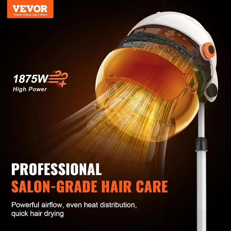 VEVOR 1875W Hooded Bonnet Dryer with Variable Speed, Temperature, Timer, and Wheels for Beauty Salon and Home Spa