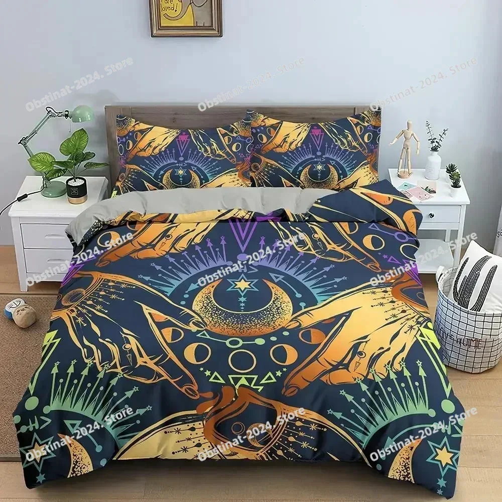 2025 Sun Moon Bedding Set Mystical Lucky Hand Duvet Cover Queen King Hamsa Eye Divination Seedlings Khaki Polyester Quilt Cover
