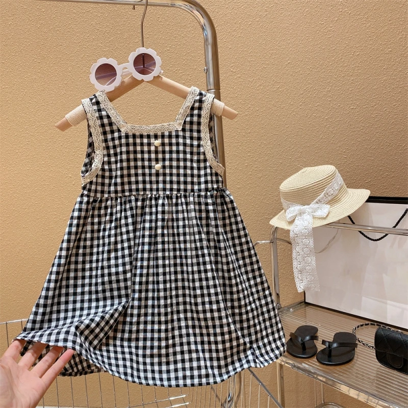 Cotton Girls Summer Dress Lace-trimmed Sweet Black And White Checkered Sleeveless Princess Vest Skirt Girls Casual Dresses 1-12Y