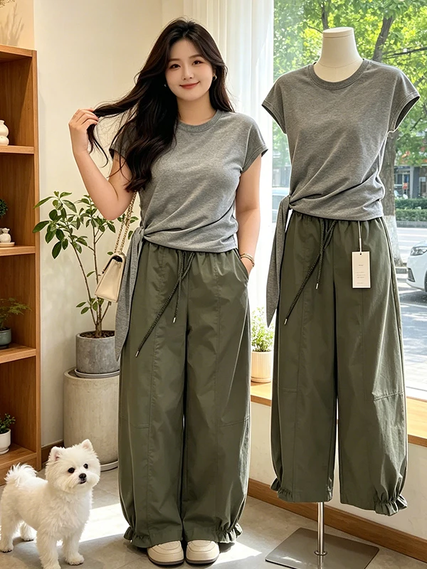 

Gray Belted T-Shirt And High Waist Casual Pants Two-Piece Set for Women Summer New Style Korean Version Slimming Design