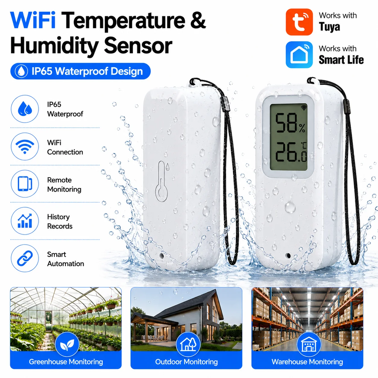 Tuya WiFi Temperature Humidity Sensor Remote Monitoring Waterproof Thermometer via Smart Life APP Work With Google Home Alexa