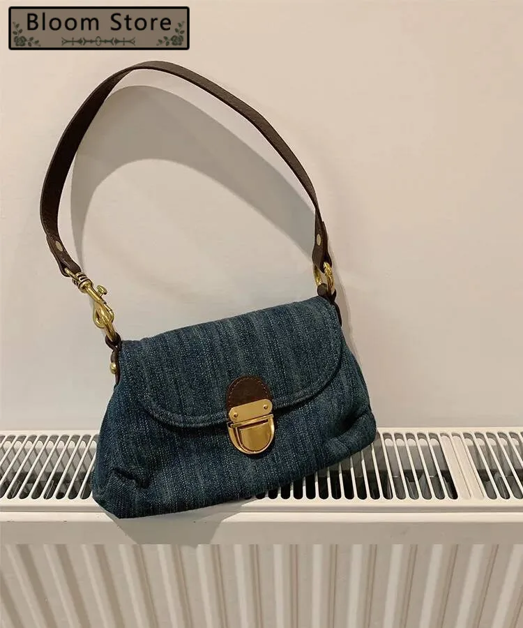 Bloom Vintage Denim Y2k Handbag Women 2023 Spring New Casual Large Capacity Shoulder Bags Ladies Haruku Crossbody Bag Female