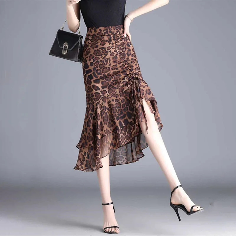 

Leopard Lotus Leaf Chiffon Skirt Female 2025 Summer New Irregular Fashion High Waist Fishtail Skirts Women Elastic Waist Skirt