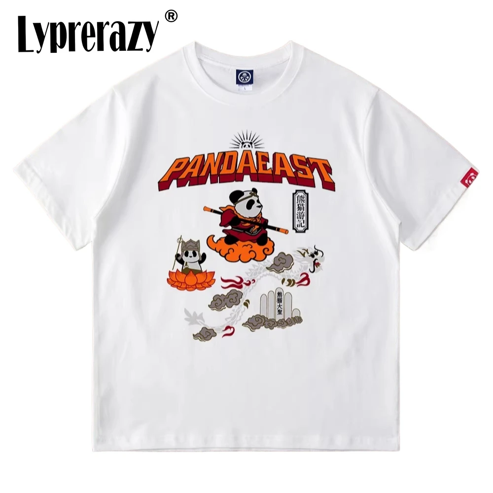 Lyprerazy Summer Cartoon Panda Wukong Journey To The West Printing Pure Cotton Loose Short-sleeved T-shirt
