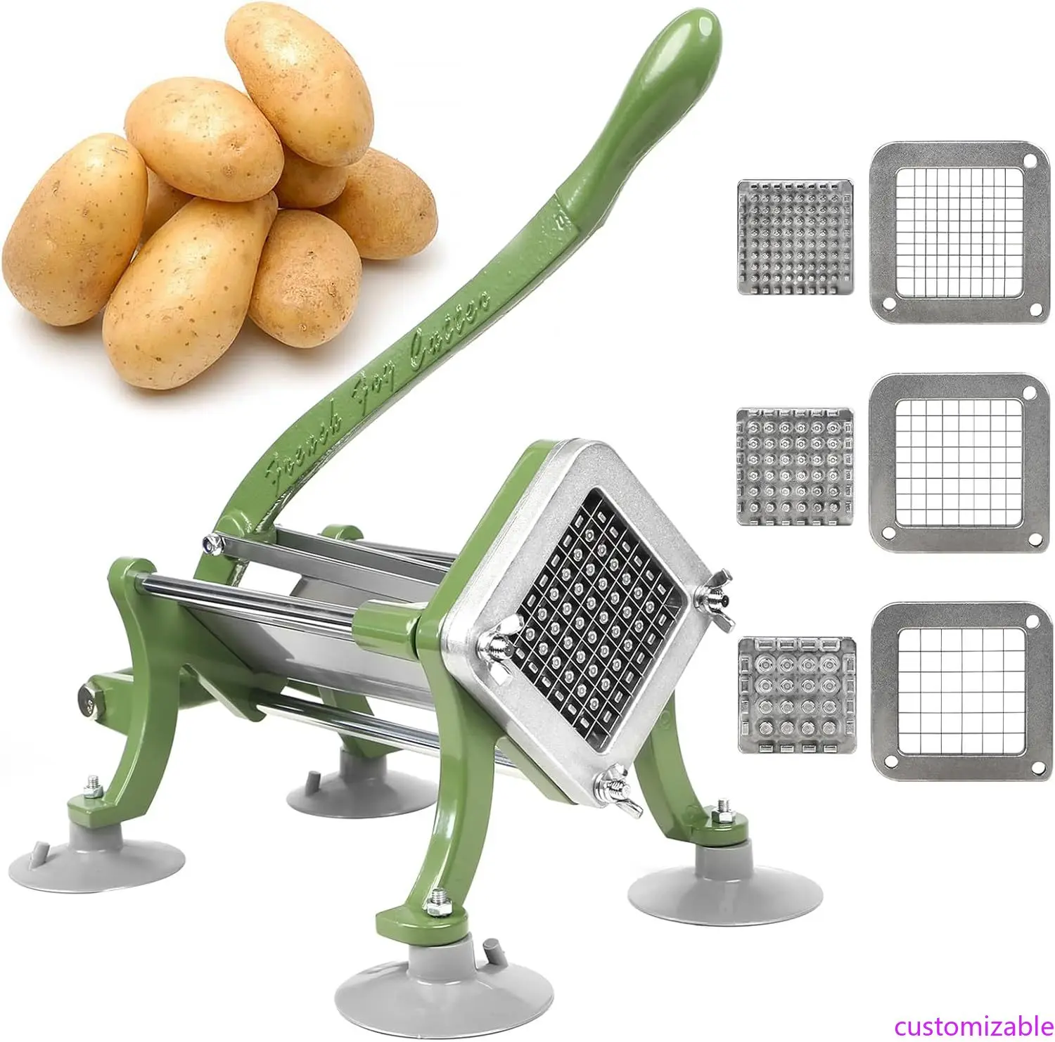 

Резак для картофеля фри Коммерческий нарезка для картофеля с присоской на ножках в комплекте, в комплект входит 1/4 дюйма, 3/8 дюйма 1/2 дюйма