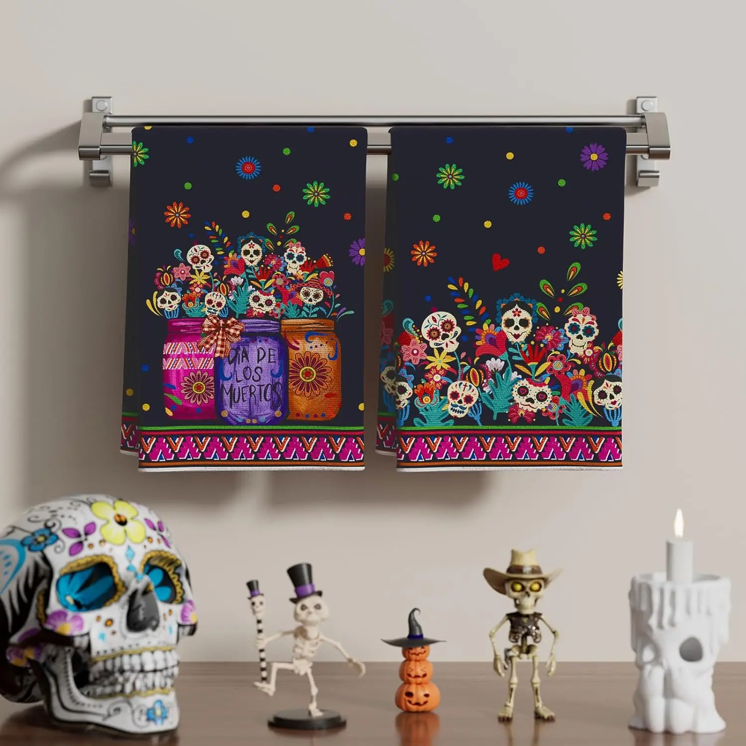 Mexican Day of The Dead Skull Flowers Kitchen Dish Towels Cleaning Supplies Absorbent Bar Hand Dishcloths Hand Towels Home Decor