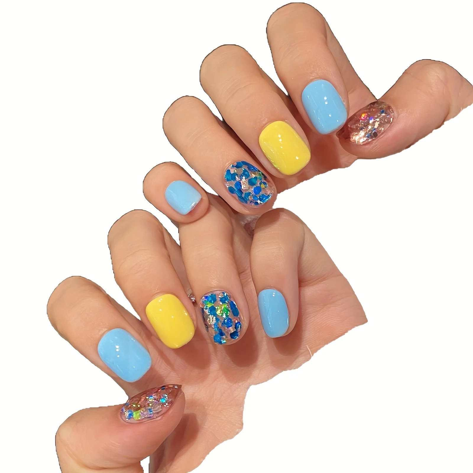 10枚入り ハンドメイド つけ爪 キャッツアイ デイジー 白い花びら付き ショートスクエア レディース＆ガールズ 取り外し可能 ネイルチップ